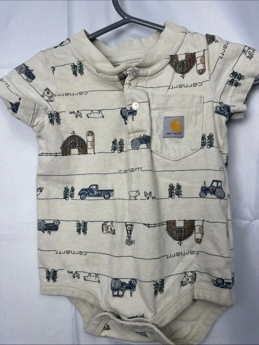 Carhartt tan farm print one piece Henley pocket tee. Size 6 months
